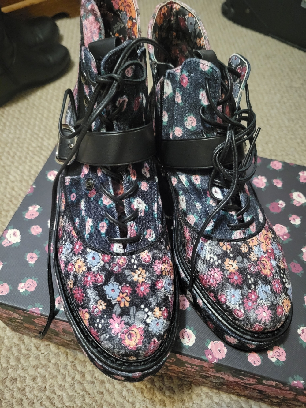 Coach Floral Lace-Up Ankle Boots in Black with Pink & Multicolor Floral Print - Picture 6 of 9